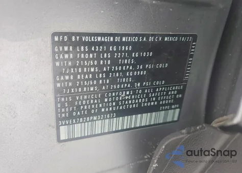 2023 Volkswagen Taos Se z USA, uszkodzony, nr VIN 3VVEX7B28PM321673